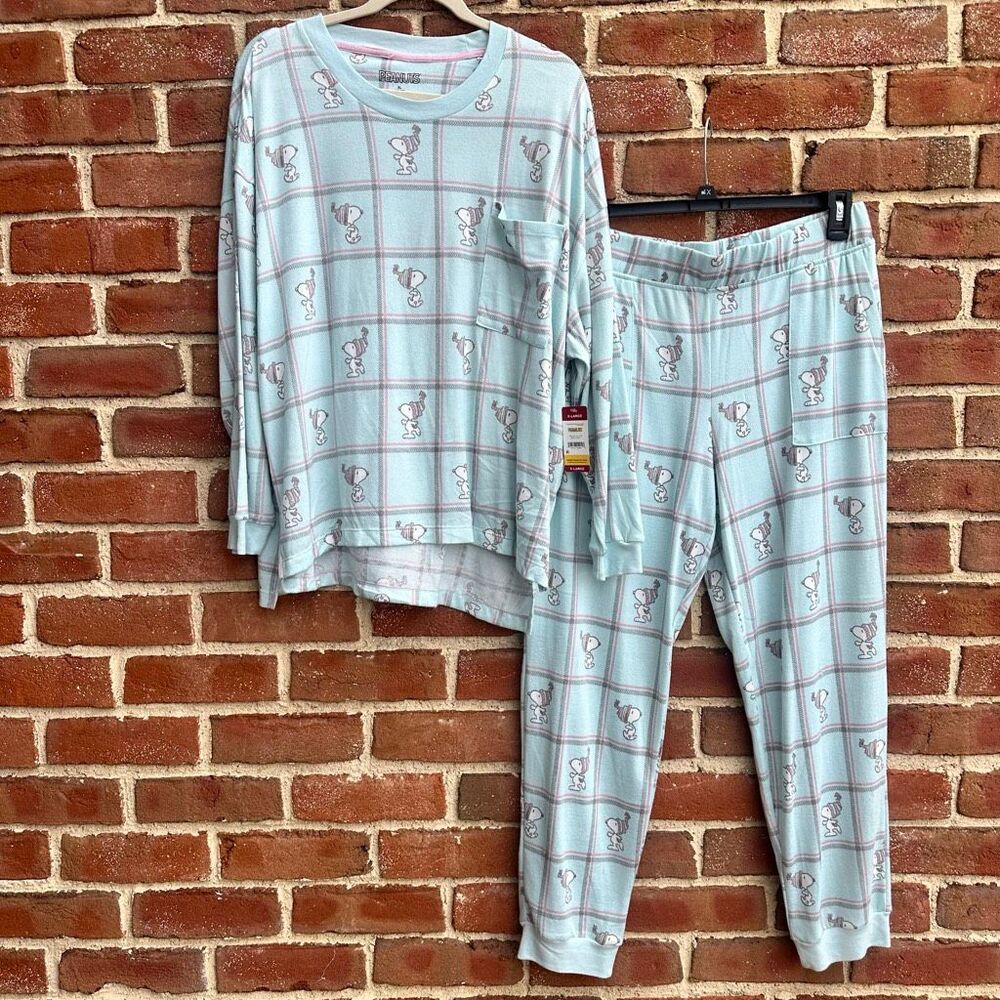 Peanuts Snoopy Plaid 2Pc Pajama Set Mint Pink Women’s XL NWT
